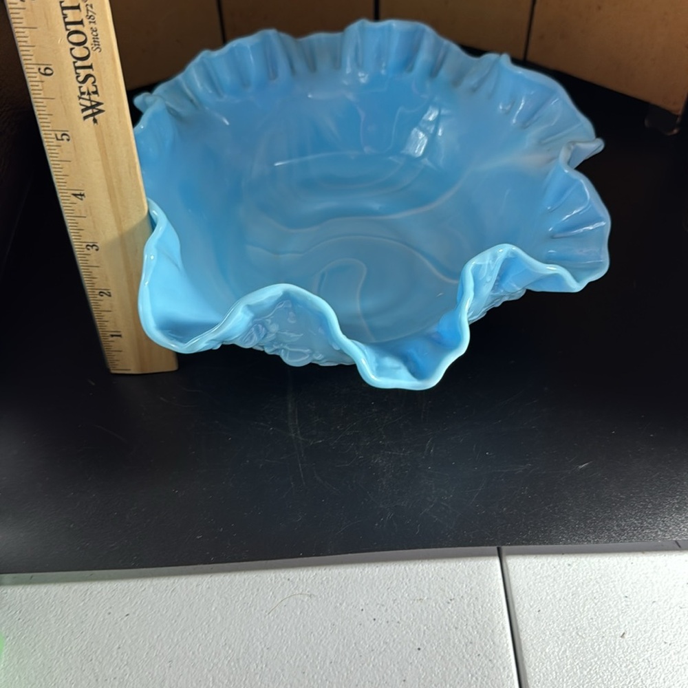 Vintage Fenton Blue Cabbage Rose Slag Glass  Bowl with Ruffled Edge - Picture 4 of 5